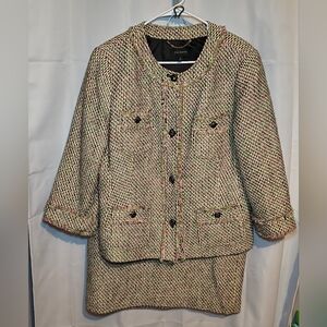 Talbots Tweed Blazer Jacket And Skirt Set Pink Green Frayed Hem Career Wear